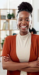 Creative agency, face and black woman with arms crossed, funny and copywriting with publishing startup. Person, laughing and journalist with humor, project management and magazine editor with pride