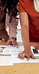 Finance, discussion or hands in office with paper, partnership or conversation for investment proposal. Collaboration, women or analyst in workplace with graphs, review or feedback for funding pitch