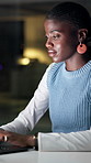 Night, media agency and black woman in office, laptop and deadline for publication. African person, evening and journalist in workplace, and research for news report, internet and email for agenda