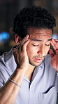 Night, tired and business man with headache, pressure or exhausted journalist with pain. Migraine, stress and person with deadline at work, fatigue or reporter massage temples for burnout in office