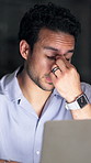 Night, tired and business man with eye strain, pressure or exhausted journalist with laptop. Computer, stress and person with deadline at work, visual fatigue or reporter with burnout in office