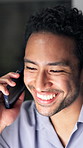 Phone call, night and business man in office for communication, contact and news story update. Creative, working late and happy person on smartphone for conversation, feedback and article submission