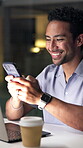 Businessman, laptop and phone with texting at night for funny client, networking and contract update. Overtime, international account manager and laughing with tech for CRM meme and portfolio review