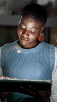 Night, manager or black woman with tablet in office, review  campaign proposal or editing branding concept. Late reading, project management or creative director smile for strategy, tech or deadline