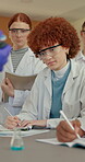 Students, girl and experiment in high school with notebook for learning science, research and project. PPE, people or teenager in classroom with chemistry analysis, practical assignment or education.