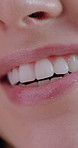 Closeup, mouth and woman with smile, teeth whitening and dental hygiene with pride. Lips, oral healthy and happy person with fresh breath, results and implants with treatment and gum cleaning