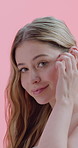 Girl, face and happy with hair care in studio, results and growth with confidence on pink background. Woman, smile and portrait with balayage, touch and hairstyle change with texture in Australia