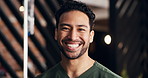 Face, man and infusion nurse with smile in drip therapy lounge for health, flare and laugh. Happy person, portrait and medical worker, IV technician or funny professional with confidence for wellness