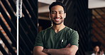 Face, man and happy nurse with arms crossed for healthcare, flare or laughing in drip therapy lounge. Smile, portrait and confident medical worker, IV technician and funny infusion specialist