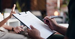 Wellness clinic, employee or hands with clipboard for treatment discussion, patient assessment or survey. Consultation, writing or people with client health evaluation, iv therapy or medical history