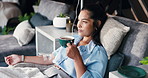 Coffee, iv drip and woman with healthcare, wellness and supplements with antibiotics. Patient, caffeine and person with chemotherapy, espresso and electrolytes with medical service and glutathione
