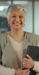 Education, face or woman in hallway with tablet, experience and pride in academic job. Confidence, laugh and mature teacher in school with tech, service or career growth in learning industry.