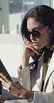 Tablet, thinking and business woman in city for real estate listing, planning or reading email. Technology, realtor and person outdoor for idea, property development and evaluation online with review