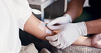 Hands, iv and medical with people in drip lounge for arm preparation, benefits or recovery. Fluid infusion, healthcare or wellness with customer and nurse in clinic for mineral or vitamin solution