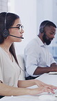 Call center, help and people in office with headset, contact us and assistance in crm service. Telecom, coworking and consultants in agency with tech, advisory and feedback in client support.