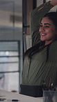 Happy woman, journalist or stretching with computer in office for break, done or deadline completion. Female person, writer or rest with smile for unwind, journalism or finished tasks in workplace
