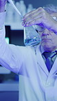 Medical research, chemistry and man in lab, beaker and science experiment with sample analysis. Mature person, scientist and employee with safety, vaccine and test with liquid and glass container