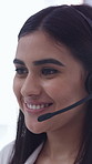 Woman, happy and mic at call center with talk, problem solving and customer service at office. Person, consultant or agent with voip tech, smile and contact us for solution with headset at company