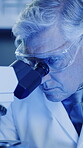 Science, mature or man in laboratory with microscope, test or examination in biochemistry. Chemical research, uv light or scientist in clinic with equipment, analysis or inspection in rna development