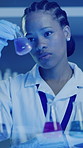 Medical, research and black woman in lab, beaker and science experiment with chemistry. African person, vaccine or scientist with safety, study or test with liquid, glass container or sample analysis