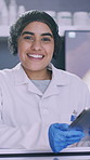 Face, scientist and woman in lab with tablet for medical innovation, research report and website. Happy, person and confidence with digital tech for science development, experiment results or review.