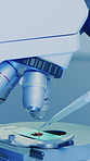 Science, sample and dropper with microscope in laboratory for medicine, pharmacy or illness cure. Bacteria, glass slide and tech with medical research for experiment, pathology or investigation