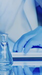 Medical, chemical and beaker and hands in lab for biomedical engineer, enzyme study and science. Research experiment, molecular reaction and nanoparticle solution with person in clinic for test