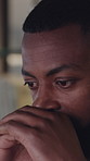 Stress, tired and thinking with business black man in office for fatigue, account pressure and burnout. Vision, mental health and tax crisis with exhausted person in agency for application deadline
