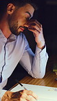 Tired, businessman or night with stress for deadline, overworked or difficult project in office. Exhausted, man or employee working late with migraine, eye strain or book for fatigue, burnout or fail