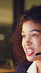 Business woman, agent and night with headset for online advice or customer service in office. Female person, consultant or working late with mic for virtual assistance or web support in call center