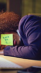 Woman, sleeping and sticky note on face at office, fatigue and exhausted at insurance job. Person. broker or advisor at night with paper, notice and power nap for burnout at risk management agency