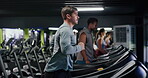 Gym, man and group on treadmill, exercise or training for muscle strength, body endurance and cardio. Health club, athletes and together on machine for workout routine, run and wellness for people