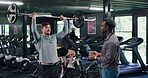 Barbell, coaching and strong with man in gym for weightlifting, fitness and muscle workout. Training, personal trainer and bodybuilder exercise with people in sports center for powerlifter athlete
