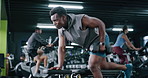 Fitness, dumbbell and black man in gym with training for bicep growth, wellness or health. Equipment, athlete and African person with weightlifting exercise or workout with strength in sports center.