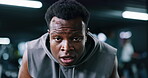 Fatigue, sweating and face of black man in gym for intense workout, cardio challenge and burnout. Tired, bodybuilder and exercise with exhausted person in sports club for fitness and resting