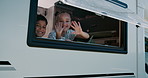 Travel, smile and children in caravan with wave, excitement and sibling vacation on road trip. Tourism, happiness and kids in trailer with greeting, journey and connection on motorhome adventure.