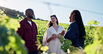 Vineyard, tourism and woman with couple on farm for tour guide, sustainable farming and agriculture. Countryside, talking and man with women in nature for conversation, learning and wine production