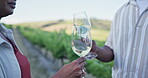 Couple outdoor, hands and wine tasting in vineyard with discussion, bonding or holiday in Europe. Countryside, winery tour and married people in nature with alcohol drink swirl, vacation and talking.