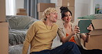 Tablet, moving and picture with couple in new house for interior design, real estate development and boxes. Rental property, home renovation and digital layout idea with man and woman in apartment