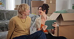 Tablet, moving and happy with couple in new house for interior design, real estate development and boxes. Rental property, home renovation and digital layout idea with man and woman in apartment