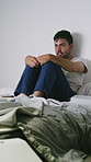 Angry, bipolar and man in house with panic attack, bad news and emotional breakdown for stress. Mental health, schizophrenia and male person in bedroom with depression, ptsd or mood swings in home.