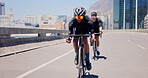 Fitness, cycling or friends with sunglasses on road, outdoor workout or resilience training together. Safety gear, athletic activity or men with bike for balance challenge, exercise space or cardio