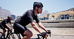 Fitness, cycling or friends with sunglasses on city street, outdoor workout or resilience training together. Helmet, athletic activity or men with bike  for balance challenge, exercise or endurance