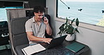 Rv, laptop and phone call with man in van for travel blog, freelancer or holiday review. Road trip advisor, online guide and remote work with person in campervan vehicle for contact or digital nomad