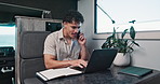 Reading, laptop and phone call with man in van for rv blog, freelancer or holiday review. Road trip advisor, online guide and remote work with person in campervan vehicle for contact or digital nomad