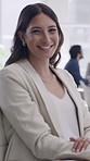 Happy woman, face or confidence with business pride for career development or startup in office. Portrait, female person or entrepreneur with smile for company improvement or opportunity in workplace
