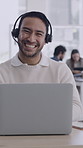 Happy man, face and consultant with laptop or headset for customer service or online advice. Portrait, male person or friendly agent with smile on computer for virtual assistance, help or web support