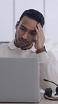 Tired, businessman and consultant with stress, headset or headache for fatigue in office. Exhausted, man or agent with laptop, migraine or eye strain for virtual assistance or mistake in workplace