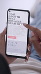 Business, strategy and hands of person with phone screen for research, website and how it works. Startup, entrepreneur and worker scroll on smartphone for company tips, insight and online article