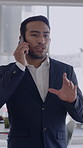 Serious, businessman and phone call in office, walking and consultation for wealth Manager or advice. Business, financial advisor and person with mobile for communication, explain and discussion